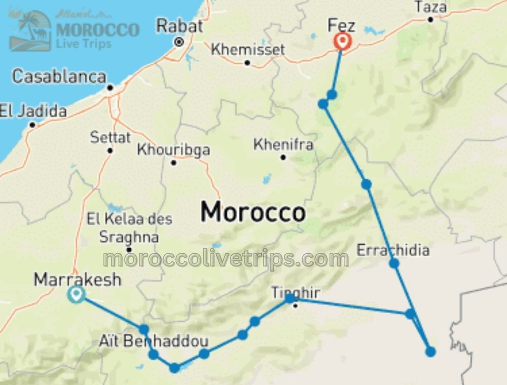 3 days desert tour from Marrakech to Fes complete route map via Merzouga Erg Chebbi
