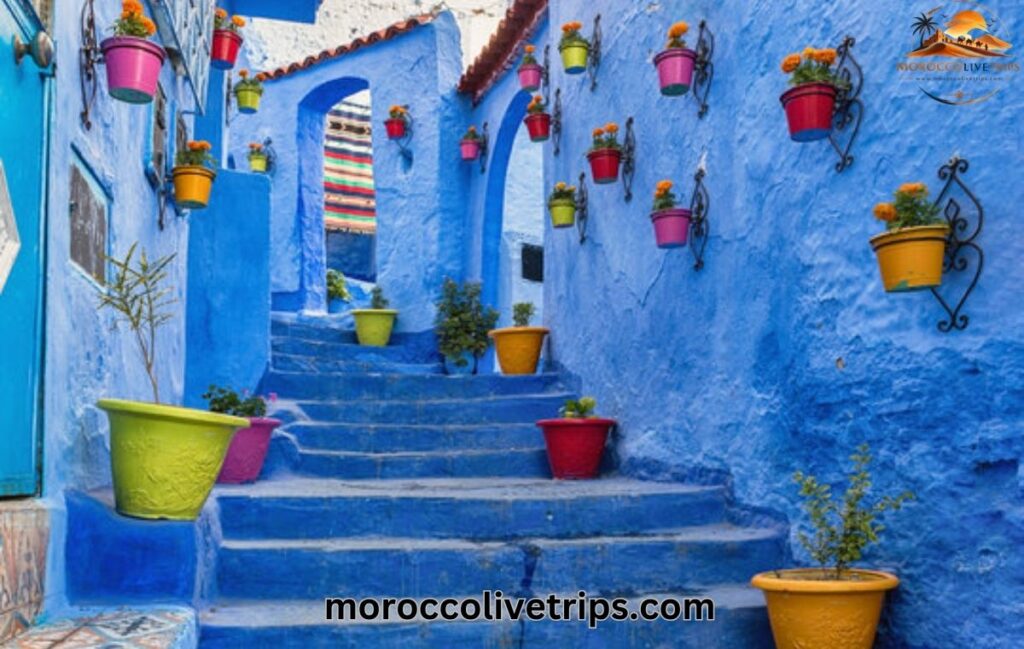 Blue painted streets and stairs of Chefchaouen medina Morocco - Blue City in the Rif Mountains of northern Morocco