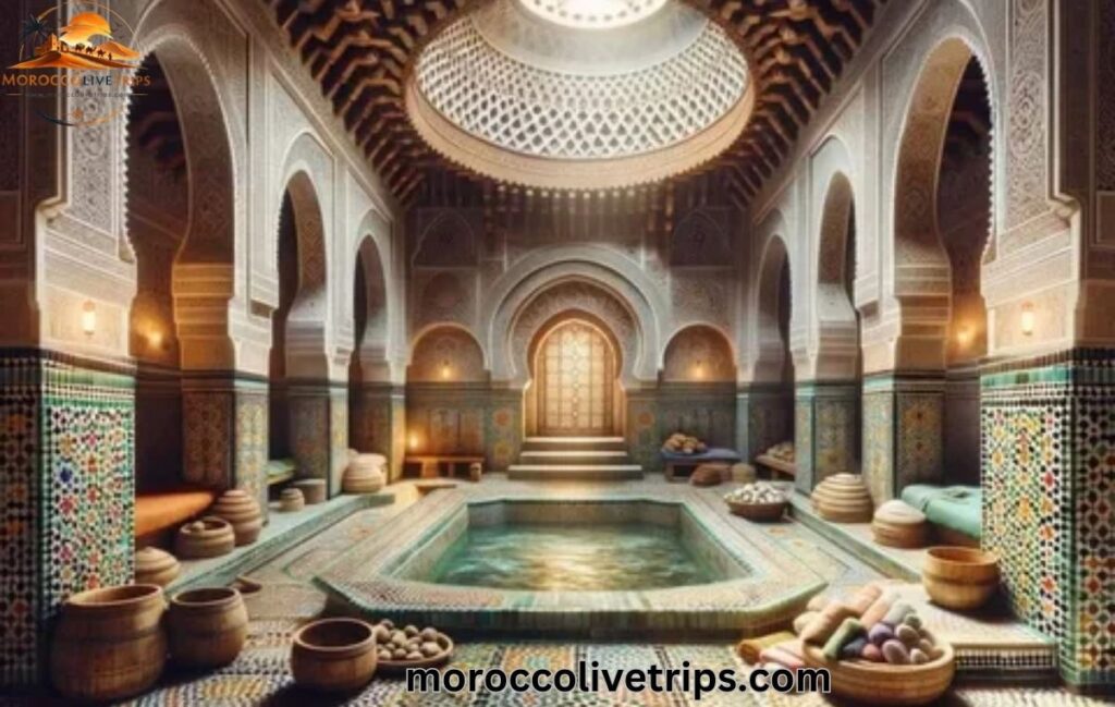 Traditional Moroccan hammam interior with marble floors steam and zellige tiles - authentic public bathhouse Marrakech