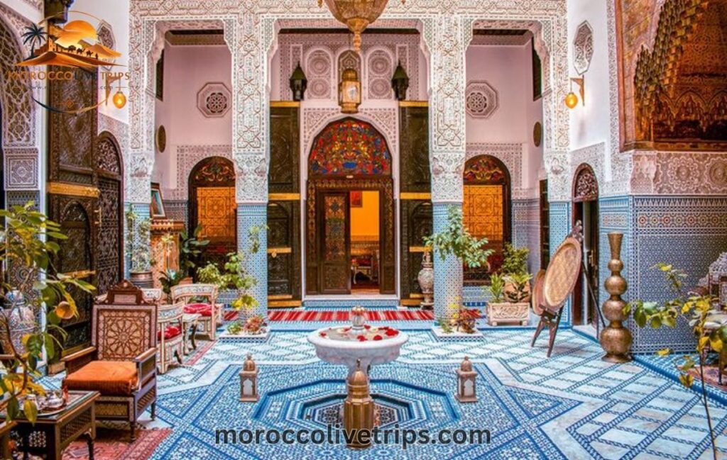 Traditional Moroccan riad courtyard zellige tilework Fes medina