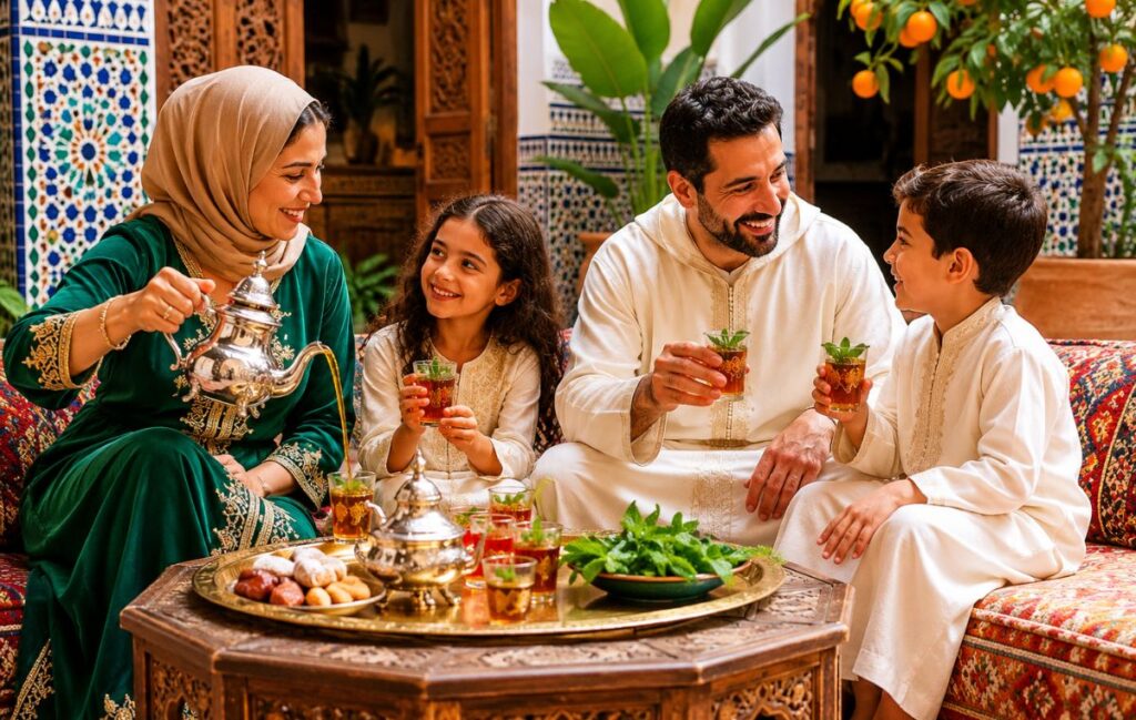 A Moroccan family sharing mint tea in a traditional tiled courtyard