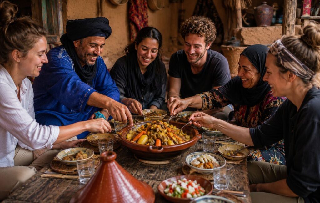 A mixed group of locals and travelers sharing a tagine meal