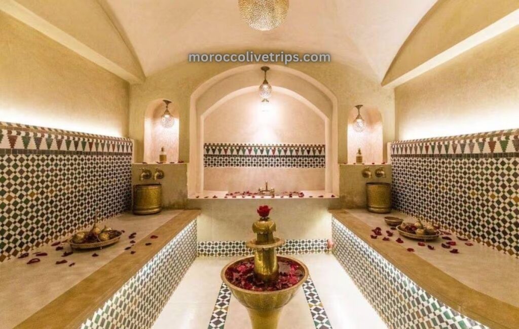 Authentic public hammam entrance in Fes Medina Morocco with traditional clay architecture