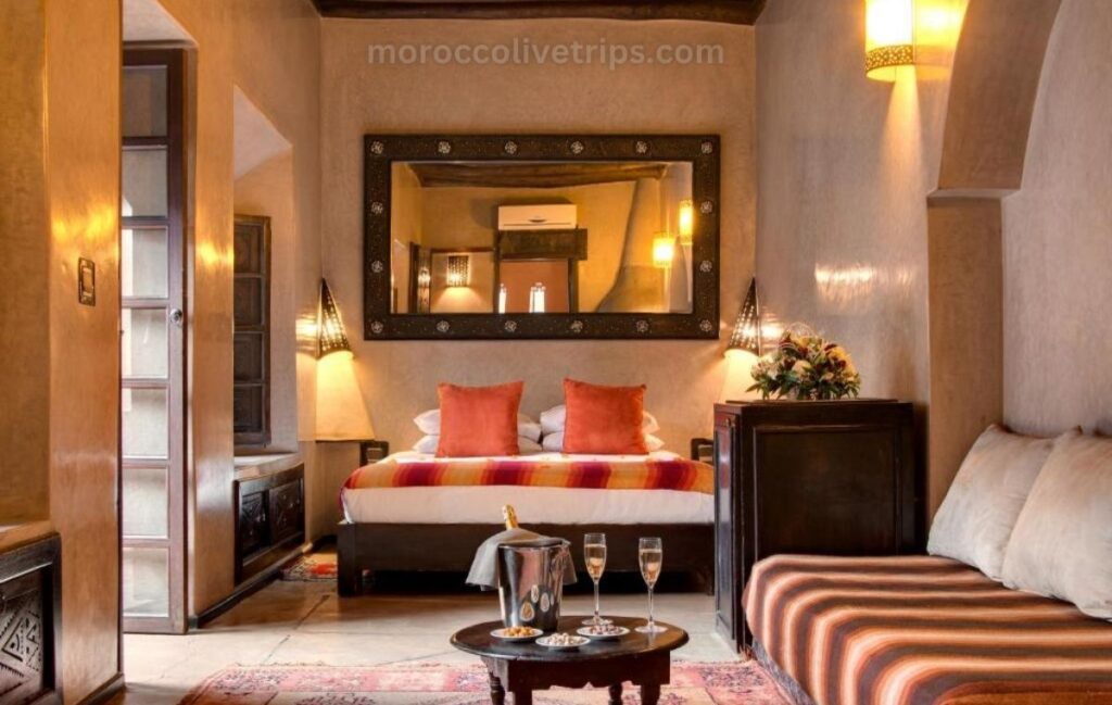 Authentic Moroccan riad courtyard with zellige tiles and fountain