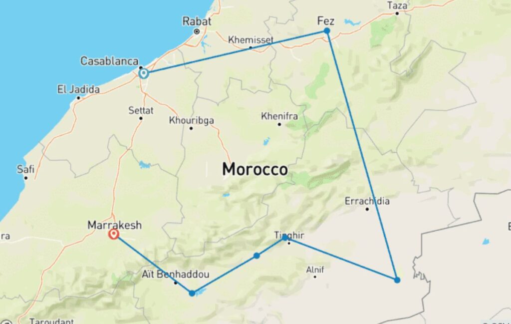 Morocco itinerary 7 days route map Casablanca to Marrakech